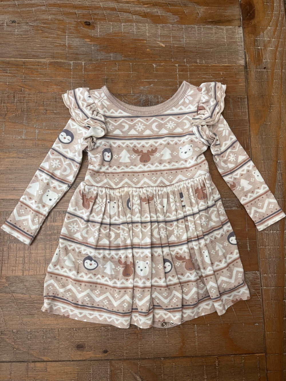 Little Sleepies Beige and White Woodland Ruffle Long Sleeve Dress